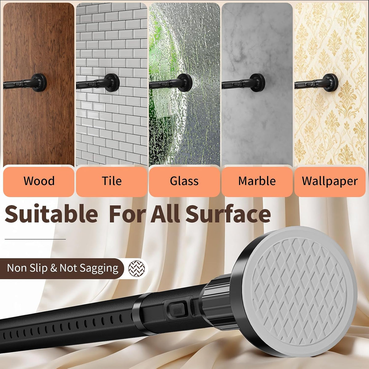 Tension Curtain Rod 41-86In-150Lb, Curtain Rod No Drilling for Window or Bathroom Patio, Adjustable Heavy Duty Shower Curtain Rod, Easy to Install, Never Rust, Rod Diameter 1.26 Inches-Black