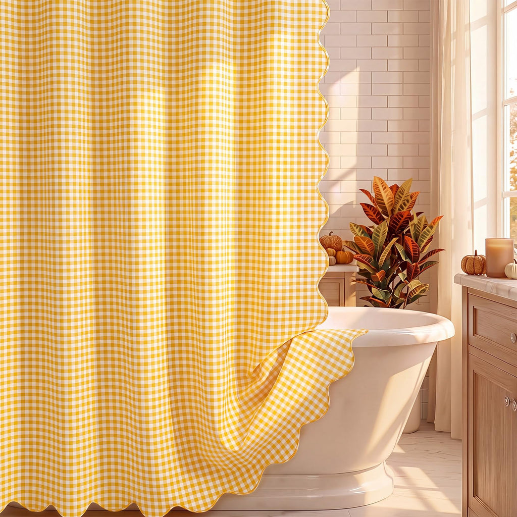 HunnmingRe Ruffle Hem Gingham Shower Curtain Taupe
