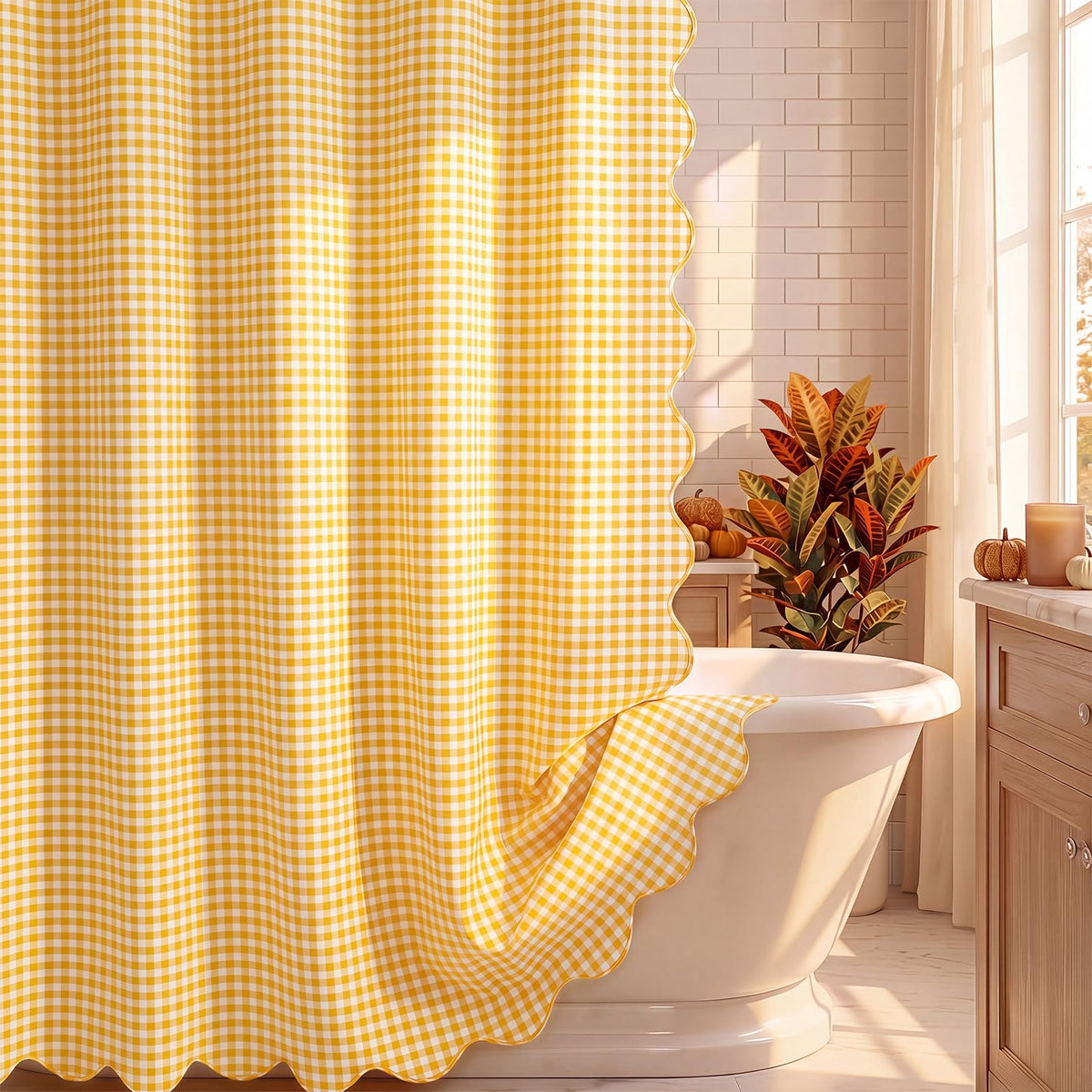 HunnmingRe Ruffle Hem Gingham Shower Curtain Taupe