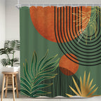 KOMLLEX Mid Century Green Boho Shower Curtain, Abstract Modern Shower Curtains for Bathroom, Plant Botanical Minimalist Leaf Arch Sun Fabric Liner Waterproof Polyester 12 Pack Hooks 60Wx72L Inches