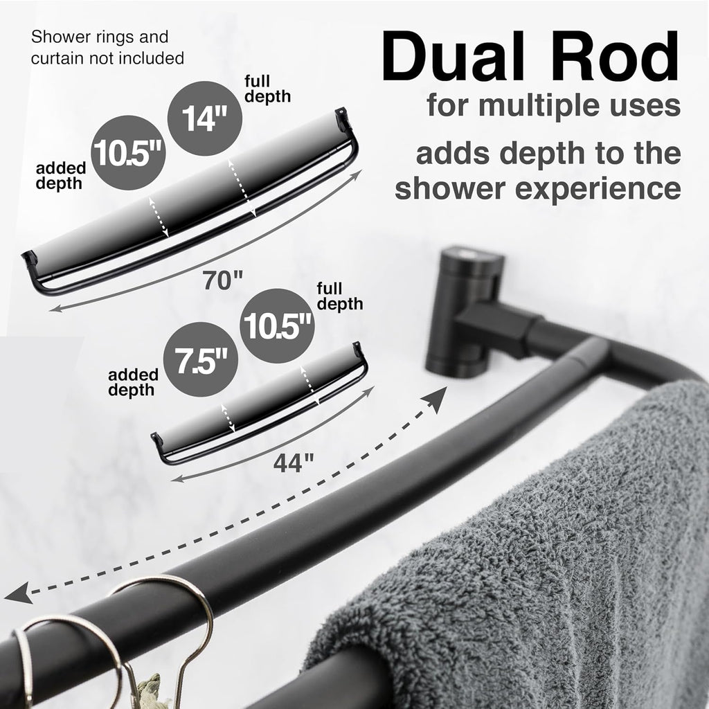 JS Jackson Supplies Double Curved Shower Rod, Metal Construction, Adjustable Between 44 to 70 Inches, Aluminum Rods and Zinc Mounting Hardware, Quality Modern Bathware, Black Finish