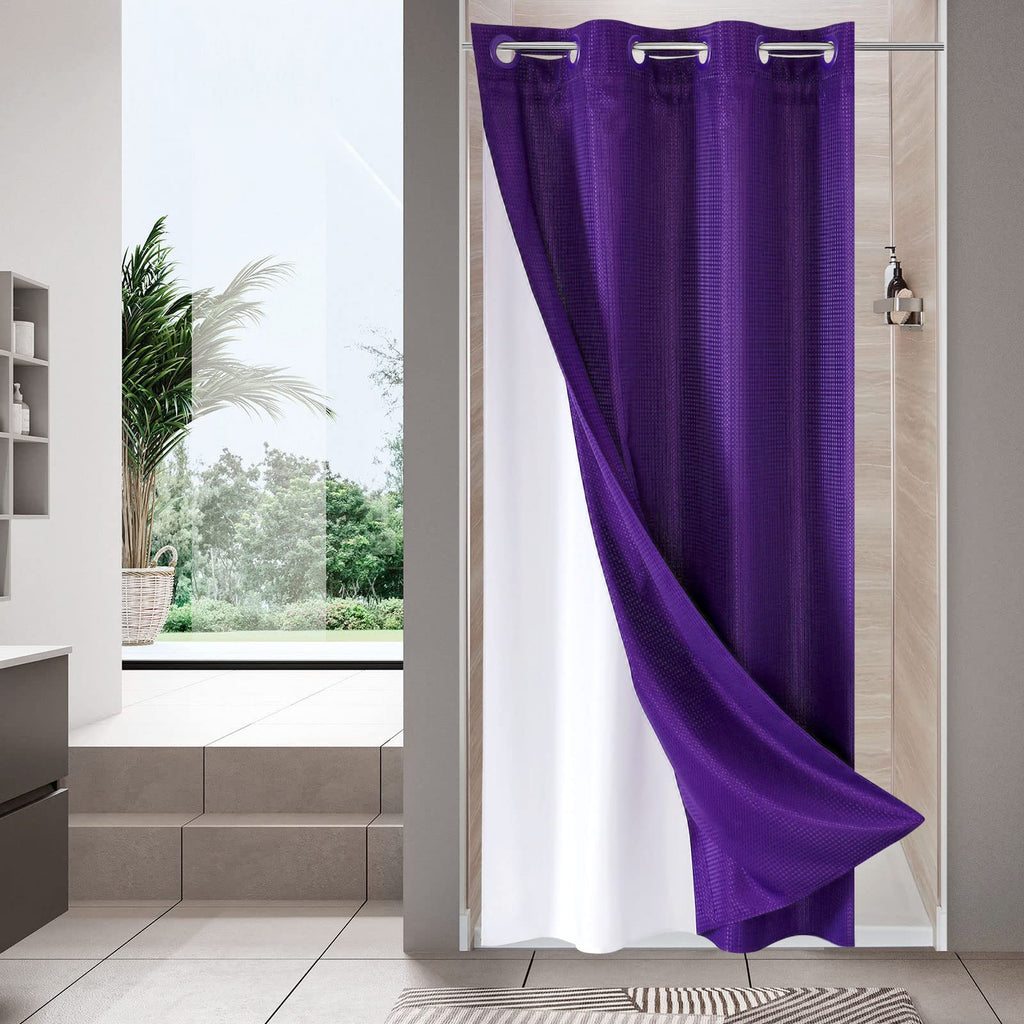 No Hook Weave Fabric Shower Curtain with Snap-in Liner White,72x74