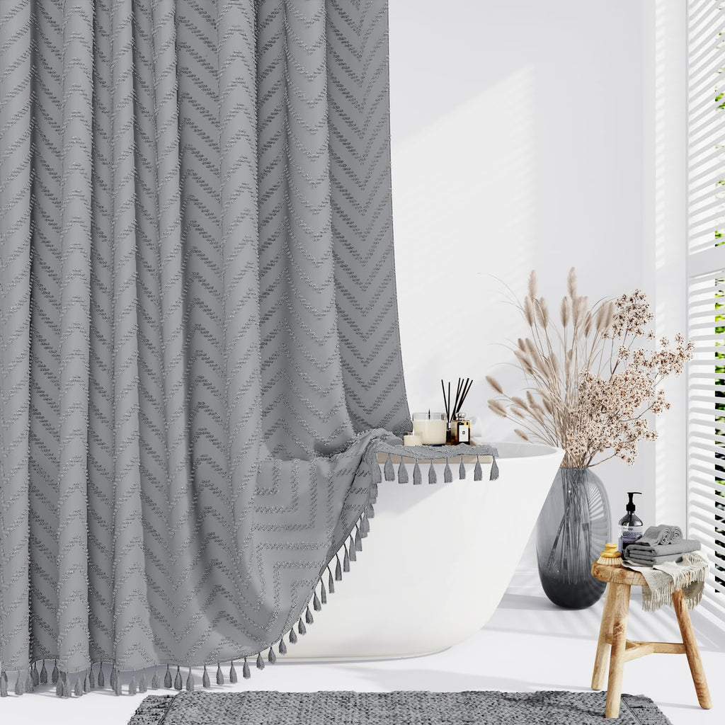 Dynamene Boho Farmhouse Fabric Shower Curtain Tufted Chevron 72"x72" Black