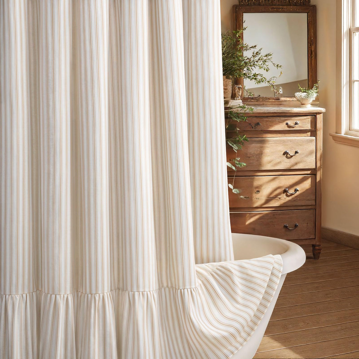 Farmhouse Shower Curtain Ruffle Linen Cream-Brown Stripe 72"W x 84"L