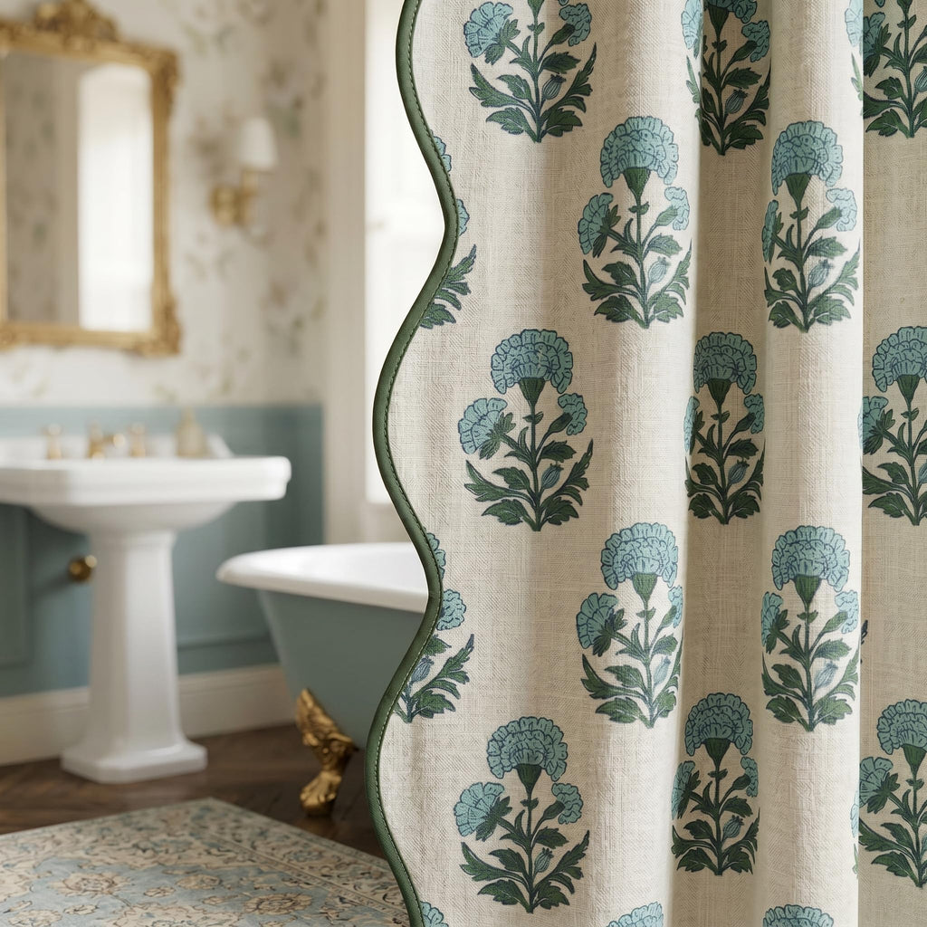 Boomkin Block Print Scalloped Shower Curtain Set with 12 Hooks