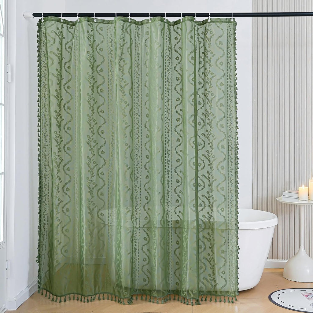 WAZZIO Dark Sage Green Lace Shower Curtain,Boho Chic Style,72 x 72 in