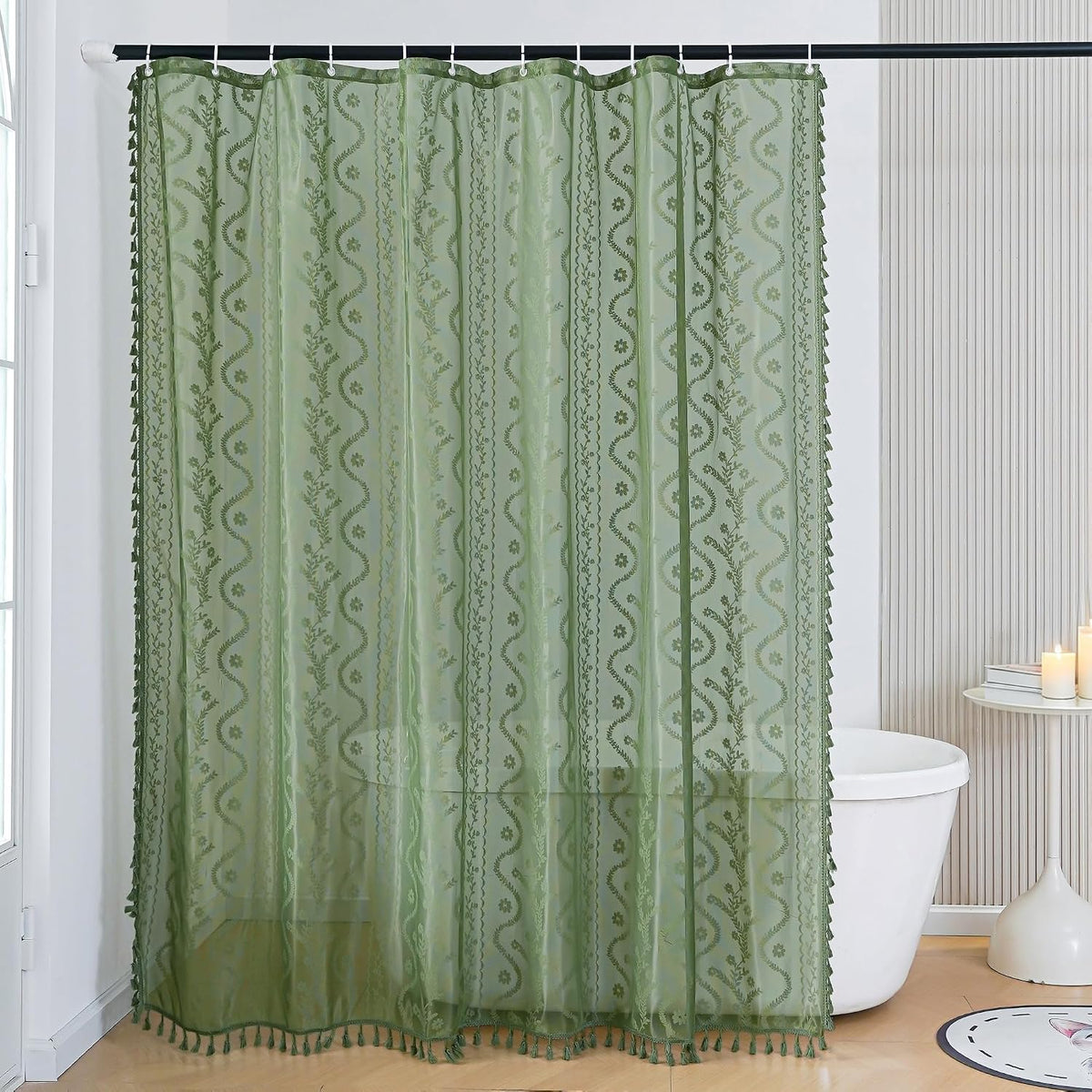 WAZZIO Dark Sage Green Lace Shower Curtain,Boho Chic Style,72 x 72 in