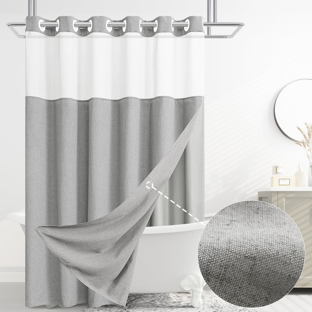 Jowels No Hooks Natural Linen Fabric Shower Curtains for Bathroom 72 Inches