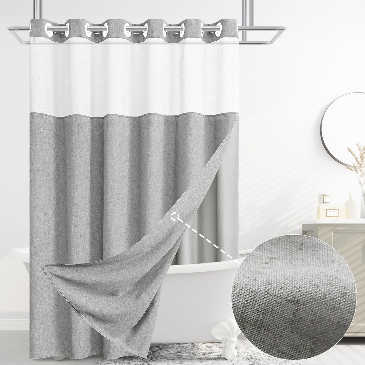 Jowels No Hooks Natural Linen Fabric Shower Curtains for Bathroom 72 Inches