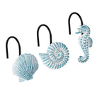 Sunlit Seashells Decorative Shower Curtain Hooks, Aqua Blue Ocean Creatures Coastal Shower Curtain Rings, Resin, Nautical Bathroom Decoration Beach Hooks-12 Pack