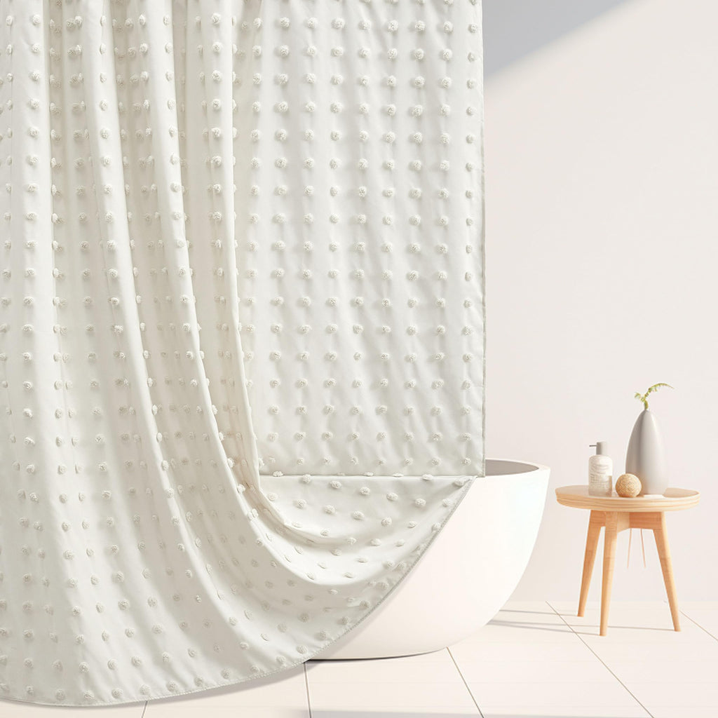Extra Long Green Boho Shower Curtain Woven Fabric Cute 84 Inch Shower Curtain, 72 x 84 Tufted Pleat Floral Puffs Textured Modern Farmhouse Minimalist Shower Curtain Set with Hooks for Bathroom