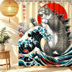 Funny Japanese Cat Funky Anime Japan Bathroom Shower Curtain, 72x72