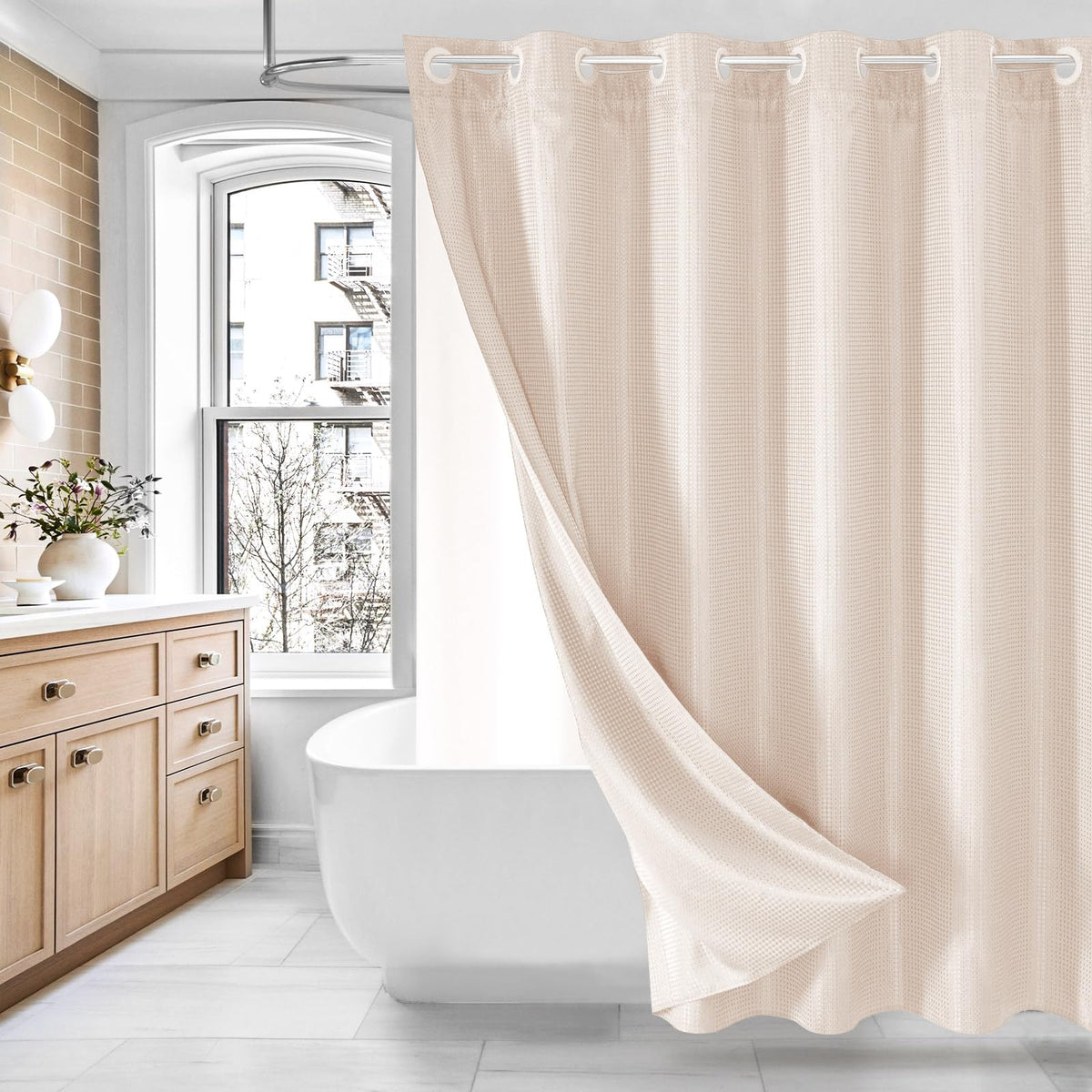 No Hook Weave Fabric Shower Curtain with Snap-in Liner White,72x74