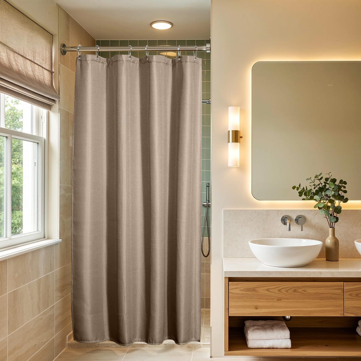 AmazerBath Short Shower Curtain 72x65 Inches, White Shower Curtain Waffle Textured, Heavy Duty 240GSM, Fabric Shower Curtain, Hotel Quality Bathroom Shower Curtains, Thick and Heavy