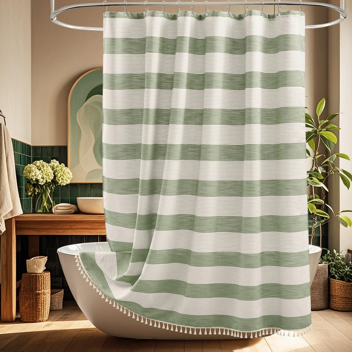 Seenus Natural Sage Green Linen Look Fabric Shower Curtain, Heavy Duty Faux Linen Textured Shower Curtain Water-Resistant, 72 x 72 Inch Soothing Forest Green Farmhouse Bathroom Decor Shower Curtains