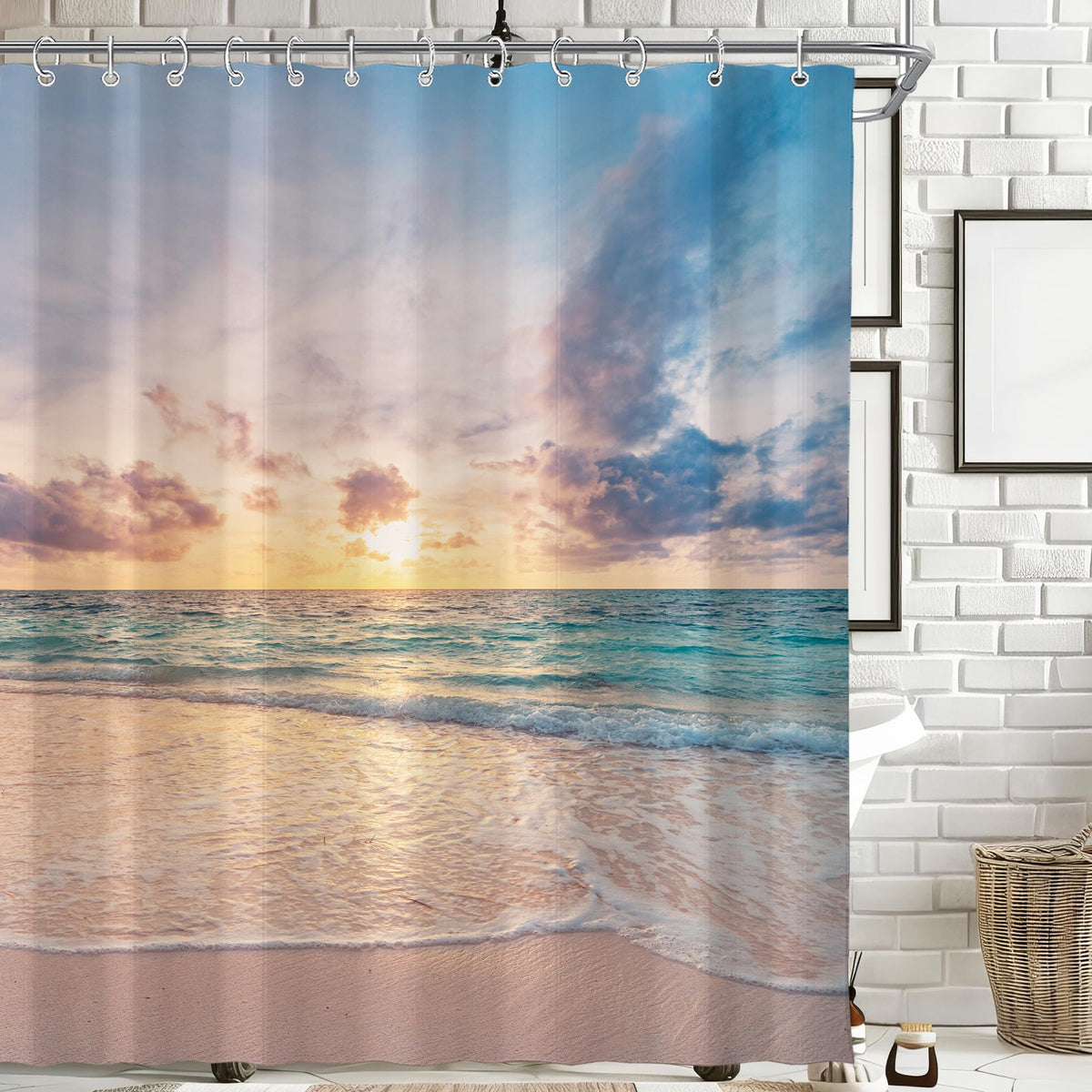 Ocean Beach Coastal Nautical Summer Sunset Shower Curtain for Bathroom 72W*72H Inch Seaside Seacoast Beachy Waves Bathtub Decor Seascape Neutral Cool Waterproof Polyester Fabric Set with 12 Hooks