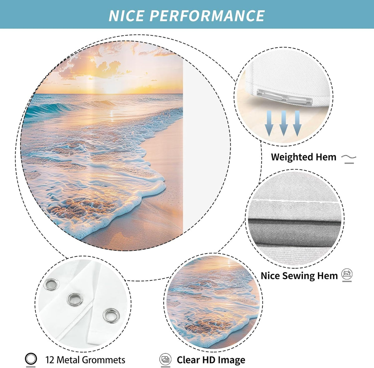 Ocean Beach Coastal Nautical Summer Sunset Shower Curtain for Bathroom 72W*72H Inch Seaside Seacoast Beachy Waves Bathtub Decor Seascape Neutral Cool Waterproof Polyester Fabric Set with 12 Hooks