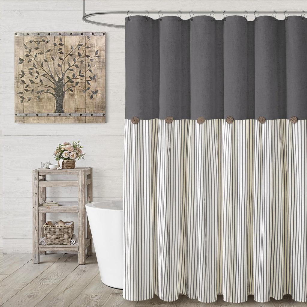 Farmhouse Shower Curtain Linen Beige Button Brown Stripe 72"W x 72"L