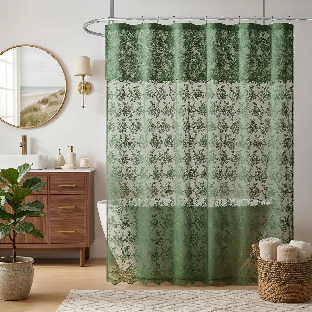 Ivory Lace Shower Curtain 72x72, Vintage Shabby Chic with Attached Valance