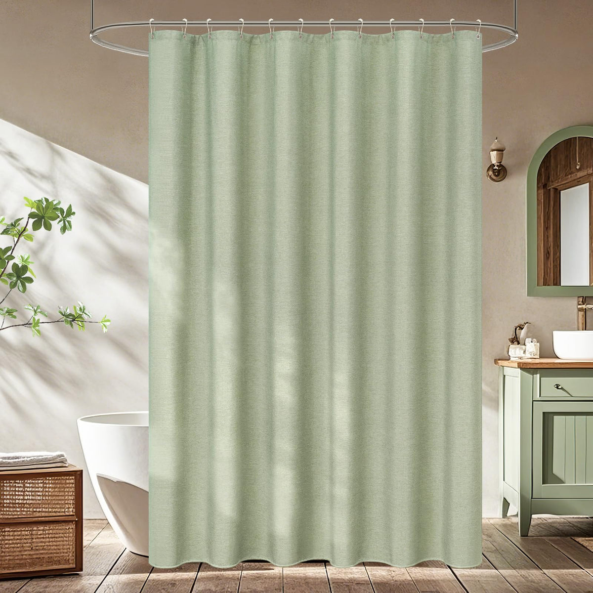 Seenus Natural Sage Green Linen Look Fabric Shower Curtain, Heavy Duty Faux Linen Textured Shower Curtain Water-Resistant, 72 x 72 Inch Soothing Forest Green Farmhouse Bathroom Decor Shower Curtains
