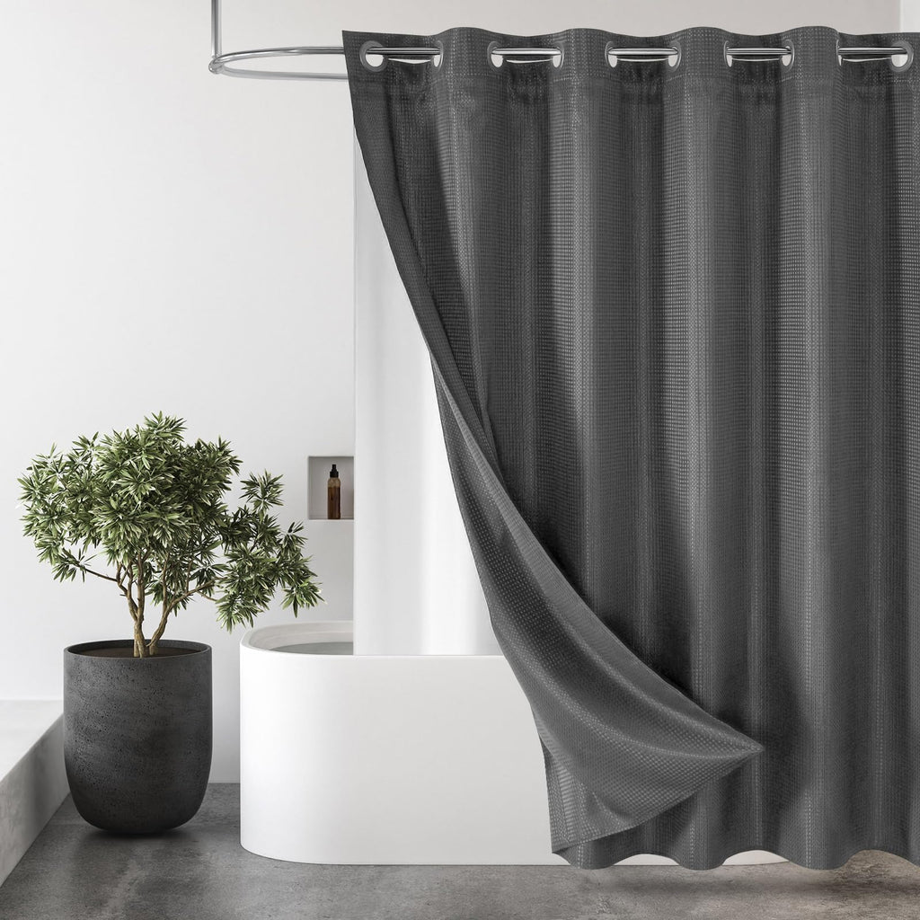 No Hook Weave Fabric Shower Curtain with Snap-in Liner White,72x74