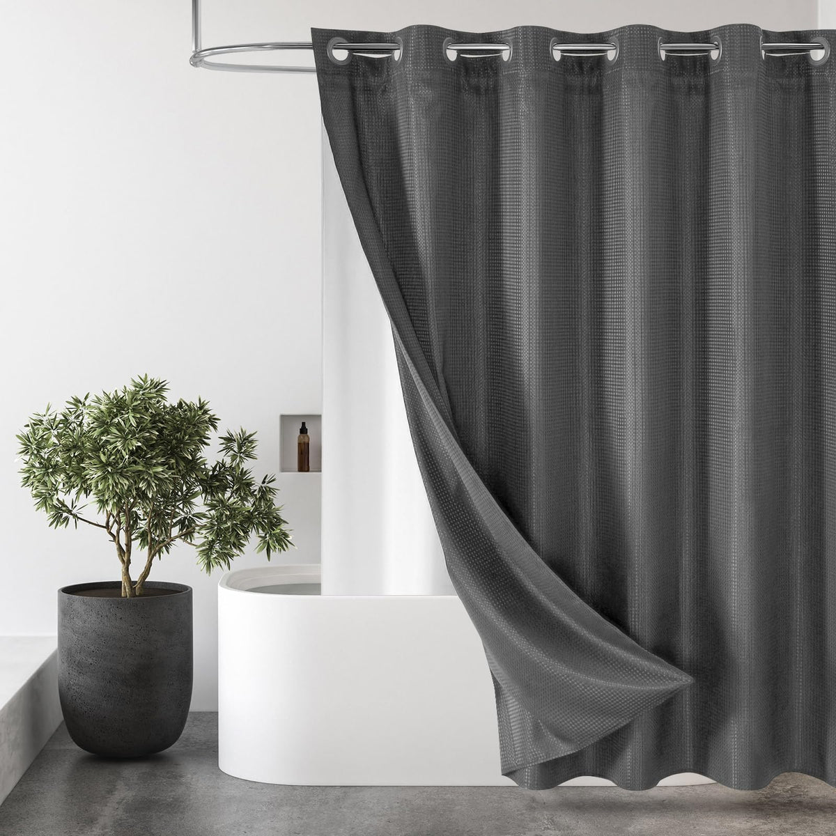 No Hook Weave Fabric Shower Curtain with Snap-in Liner White,72x74