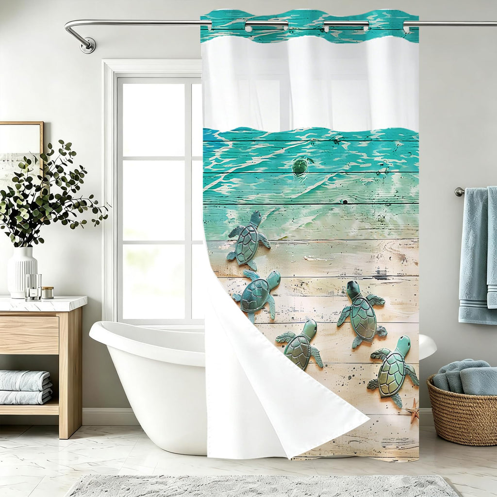 Nautical Green Sea Turtles Beach Theme Fabric Shower Curtain Sets Bathroom Blue Ocean Decor with Grommets and Hooks - 72 x 72 Inch Teal