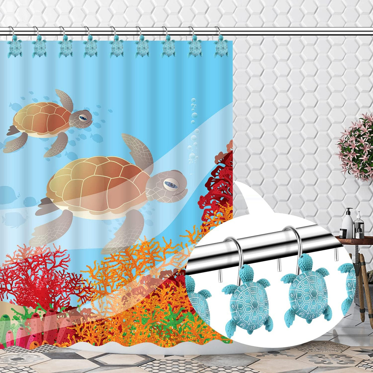 Sea Turtle Shower Curtain Hooks Rings,12PCS Blue Ocean Bathroom Decor