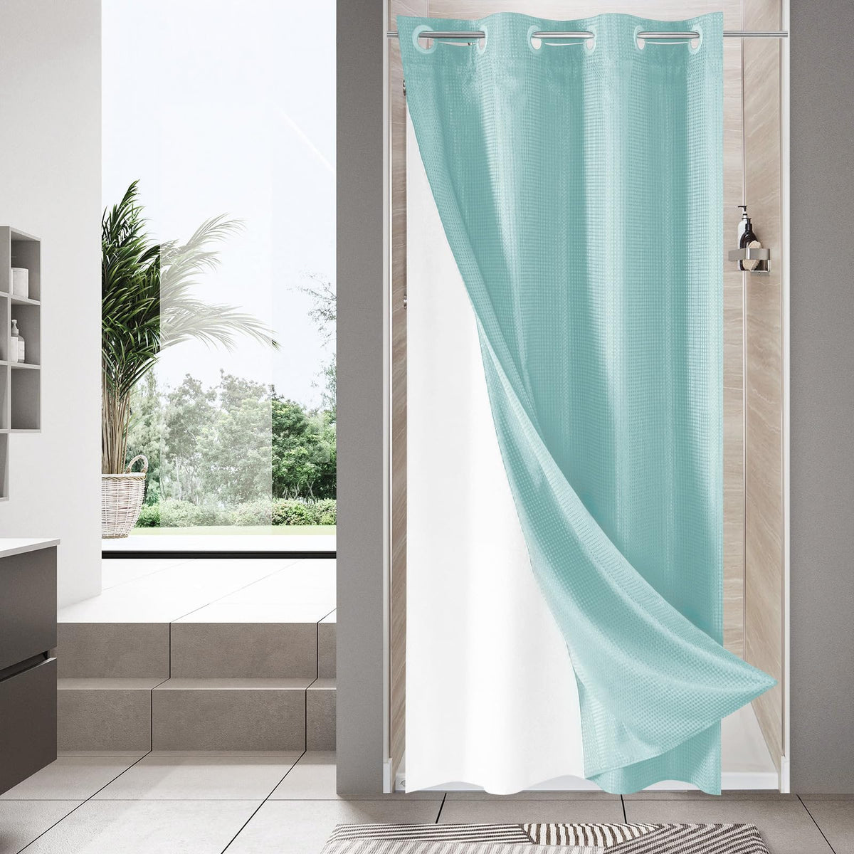 No Hook Weave Fabric Shower Curtain with Snap-in Liner White,72x74