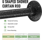 U Shaped Shower Curtain Rod, [Both Sides: 23"-52", Middle: 31"-46.5"] Adjustable U Shape Shower Rod Black Outdoor Corner Curtain Pole for Bathroom Bathtub with Ceiling Support & 12 Hooks