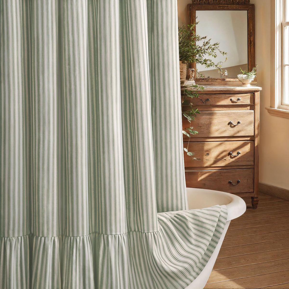Farmhouse Shower Curtain Ruffle Linen Cream-Brown Stripe 72"W x 84"L