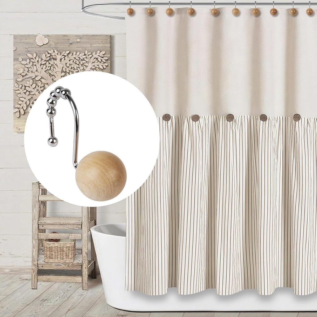 Sunlit Boho Wood Beads Decorative Shower Curtain Hooks, Shower Curtain Rings with Roller Balls, Farmhouse Bathroom Decoration Curtain Hangers Accessories, Set of 12, Natural