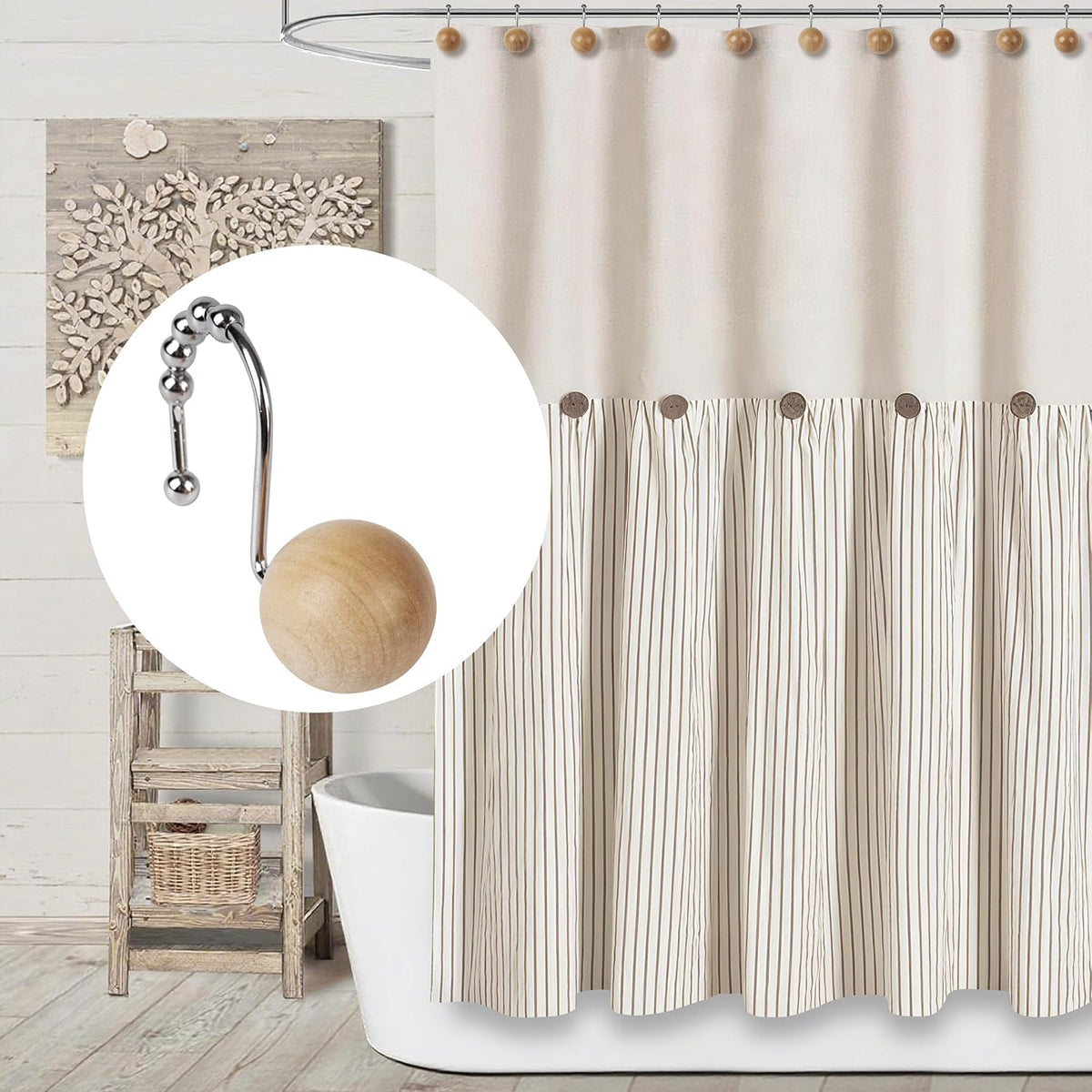 Sunlit Boho Wood Beads Decorative Shower Curtain Hooks, Shower Curtain Rings with Roller Balls, Farmhouse Bathroom Decoration Curtain Hangers Accessories, Set of 12, Natural