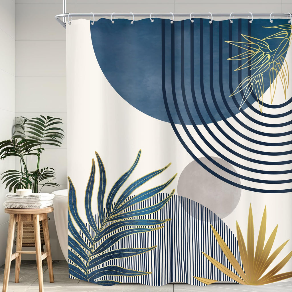KOMLLEX Mid Century Green Boho Shower Curtain, Abstract Modern Shower Curtains for Bathroom, Plant Botanical Minimalist Leaf Arch Sun Fabric Liner Waterproof Polyester 12 Pack Hooks 60Wx72L Inches