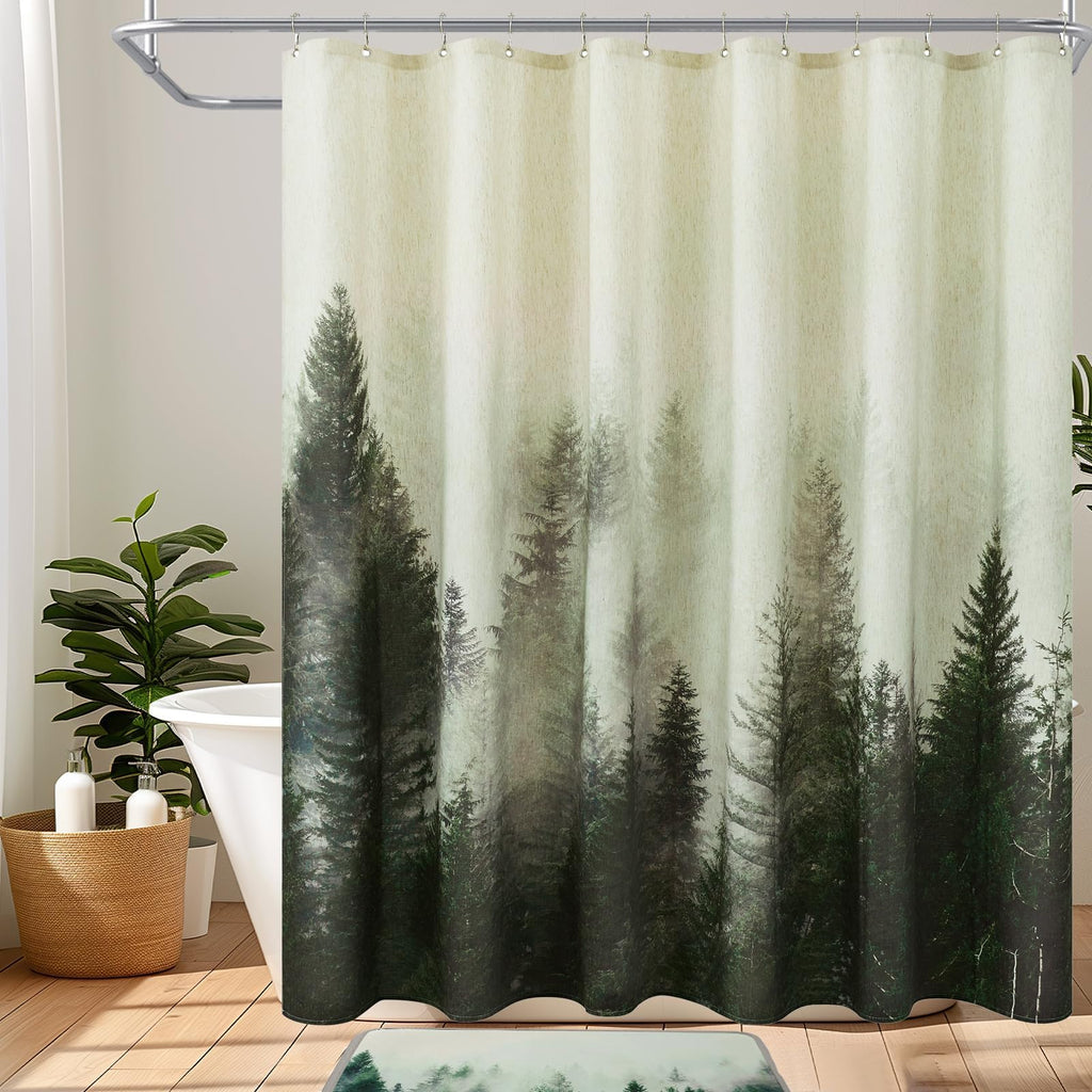 ORTIGIA Dark Green Misty Forest Shower Curtain for Bathroom, Nature Woodland Shower Curtain Set with Hooks, Decorative Pine Tree Fog Magic Bath Curtain for Home, Waterproof Fabric, Weighted, 72x72