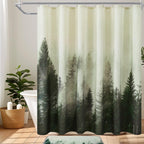 ORTIGIA Dark Green Misty Forest Shower Curtain for Bathroom, Nature Woodland Shower Curtain Set with Hooks, Decorative Pine Tree Fog Magic Bath Curtain for Home, Waterproof Fabric, Weighted, 72x72