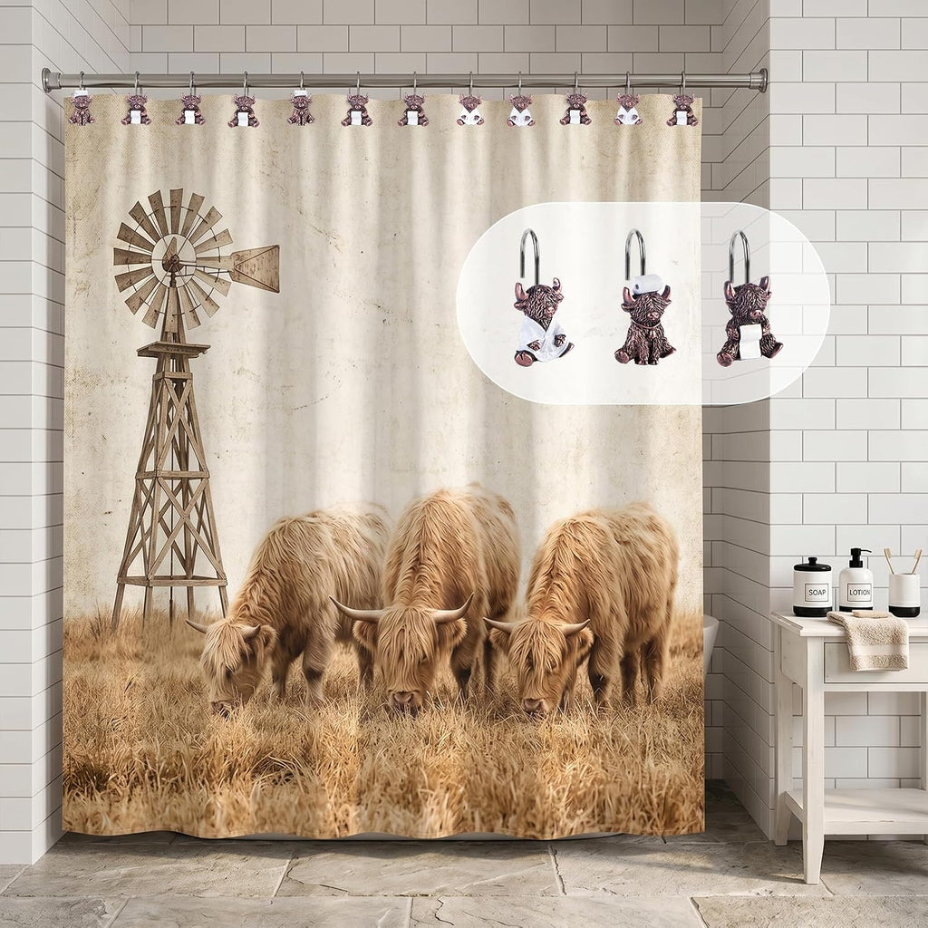 Highland Cow Shower Curtain Hooks Set of 12 for Farmhouse Bath