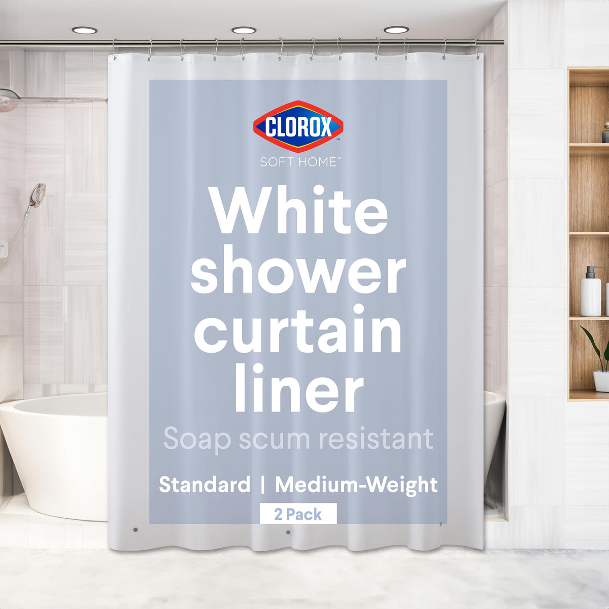 Clorox Shower Curtain Liner & Hooks, Premium Lightweight Flexible Waterproof 4g PEVA for Bathroom with Weighted Magnets, Standard Size 70" x 72", Frosty 1 Pack