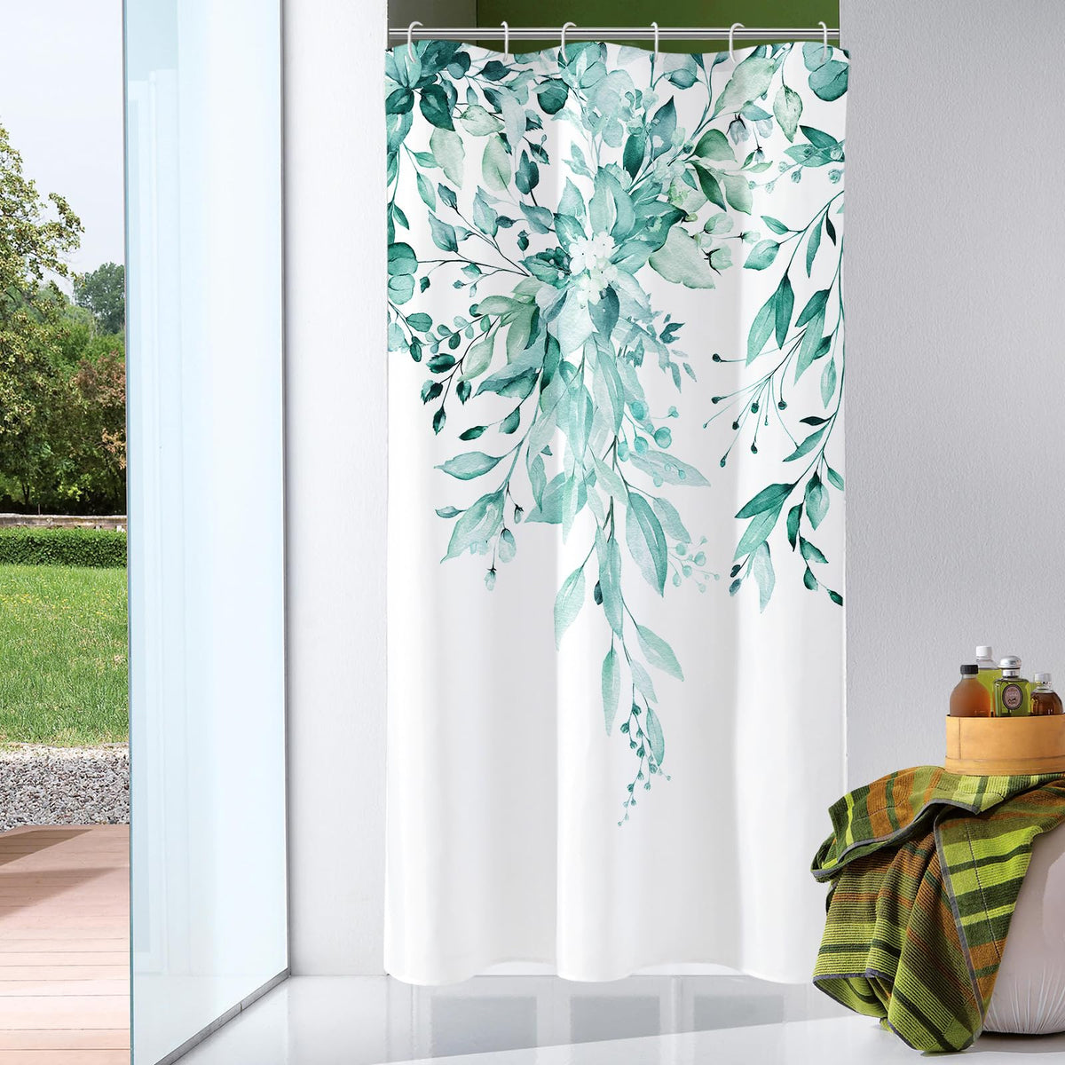 Gibelle Sage Green Eucalyptus Shower Curtain, Floral Print, 72x72