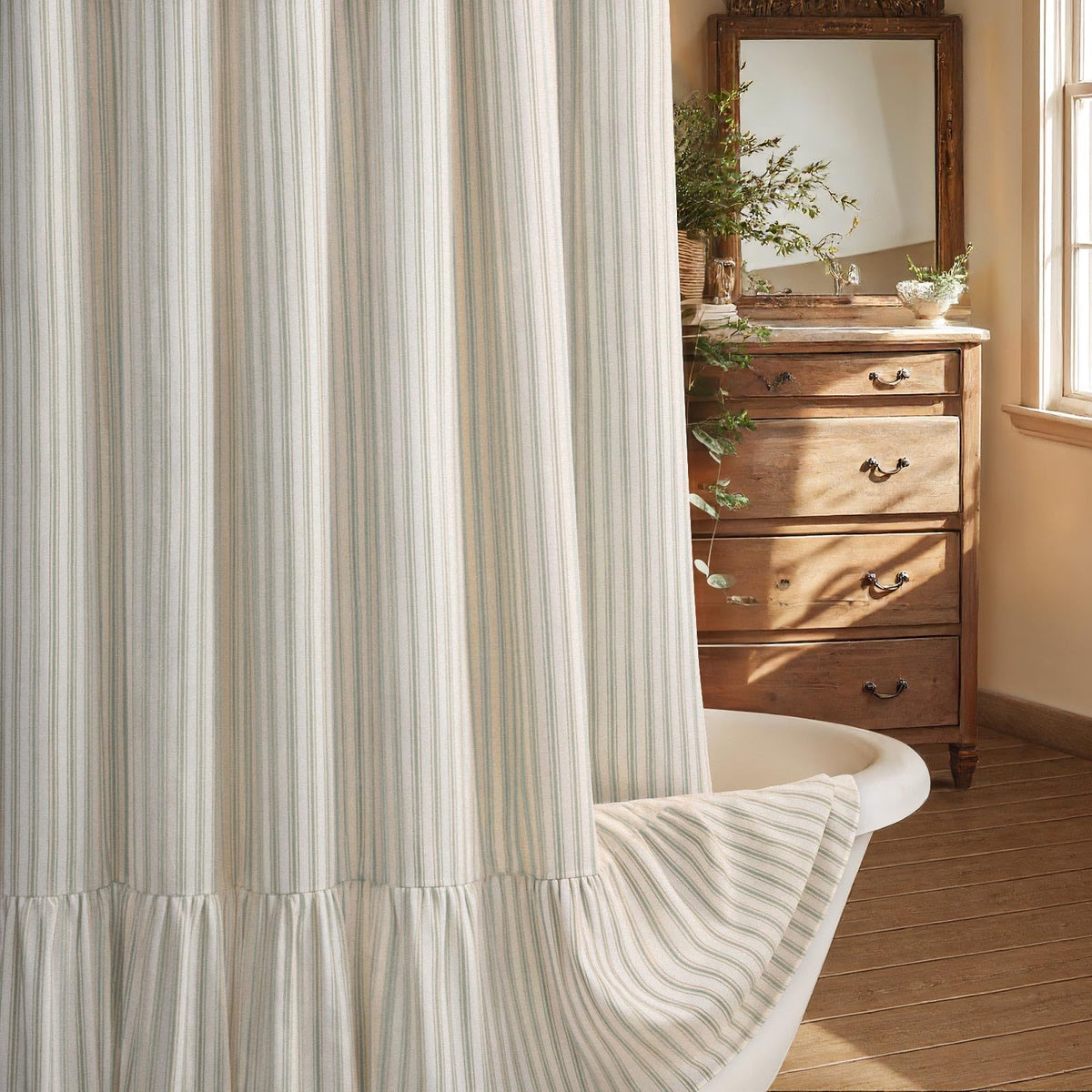 Farmhouse Shower Curtain Ruffle Linen Cream-Brown Stripe 72"W x 84"L