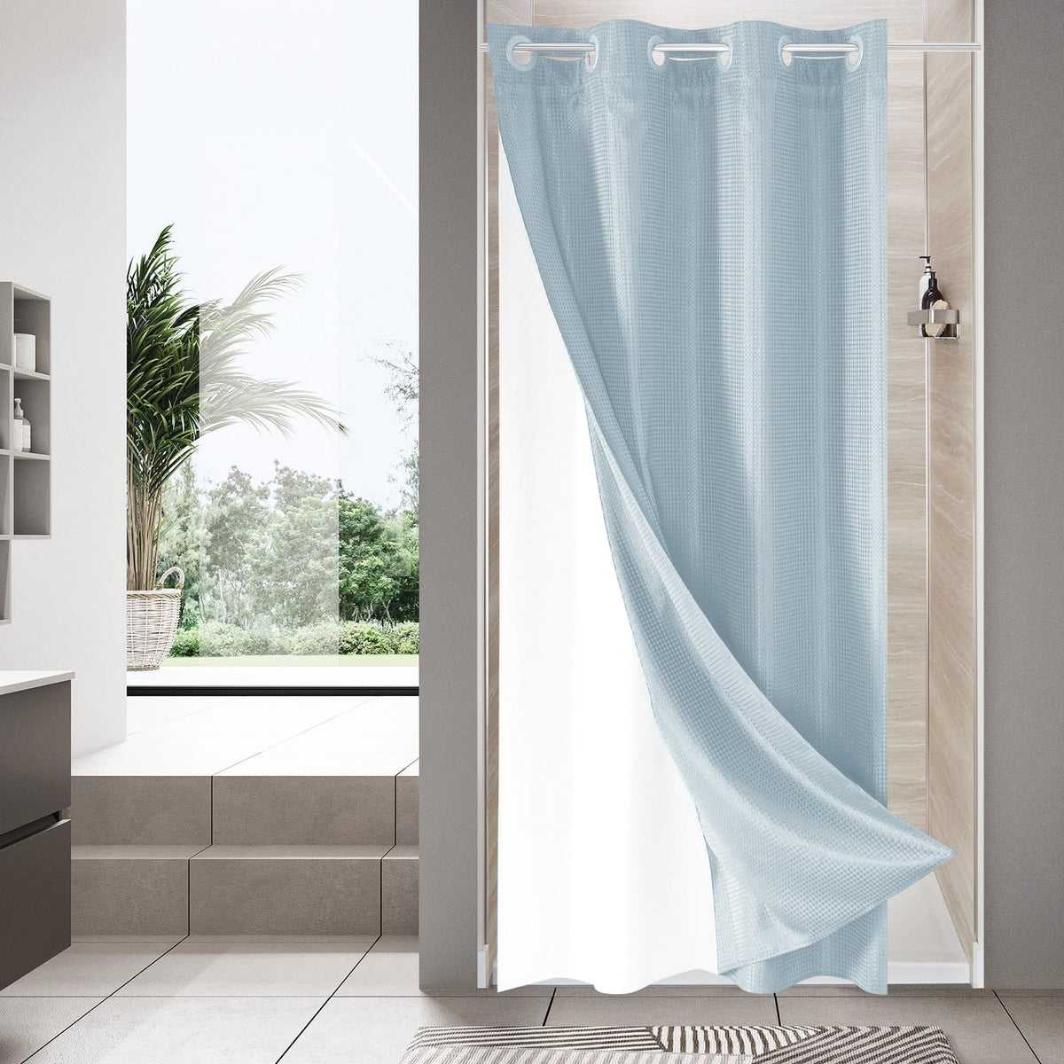 No Hook Weave Fabric Shower Curtain with Snap-in Liner White,72x74
