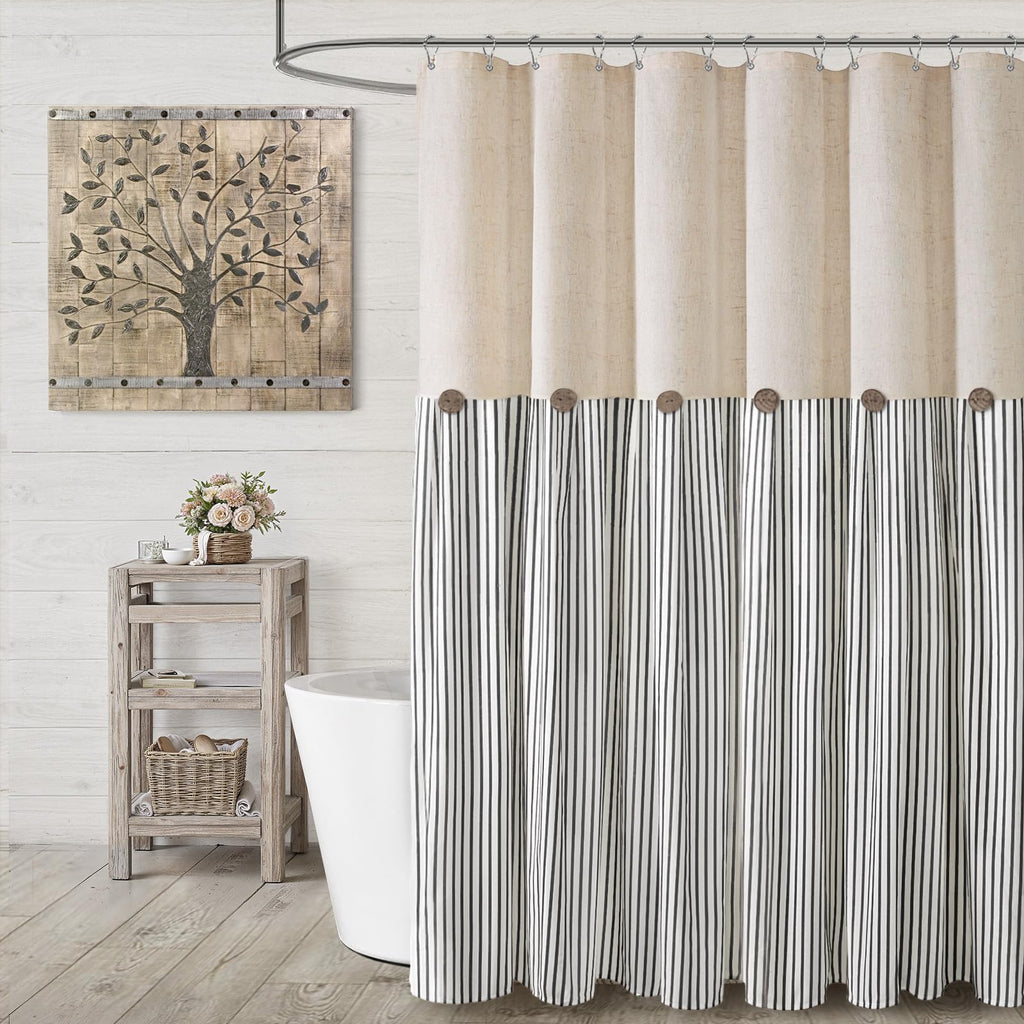 Farmhouse Shower Curtain Linen Beige Button Brown Stripe 72"W x 72"L