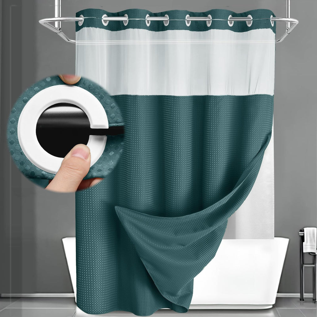 No Hook Shower Curtain with Liner Set Hotel Waffle Curtain White 72W X 75L