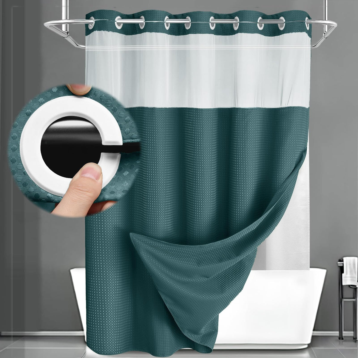 No Hook Shower Curtain with Liner Set Hotel Waffle Curtain White 72W X 75L