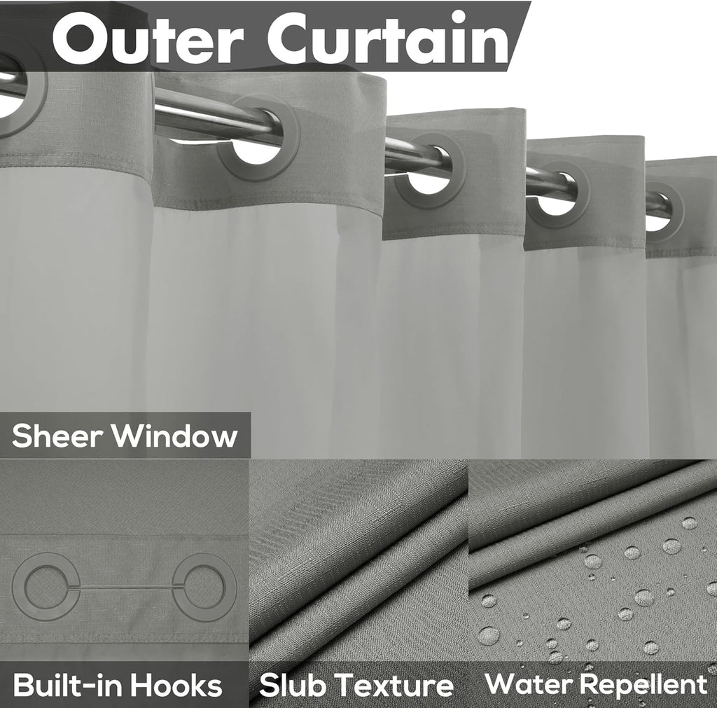 River Dream No Hook Shower Curtain with Snap-in Liner Set, Dark Gray, 71x74