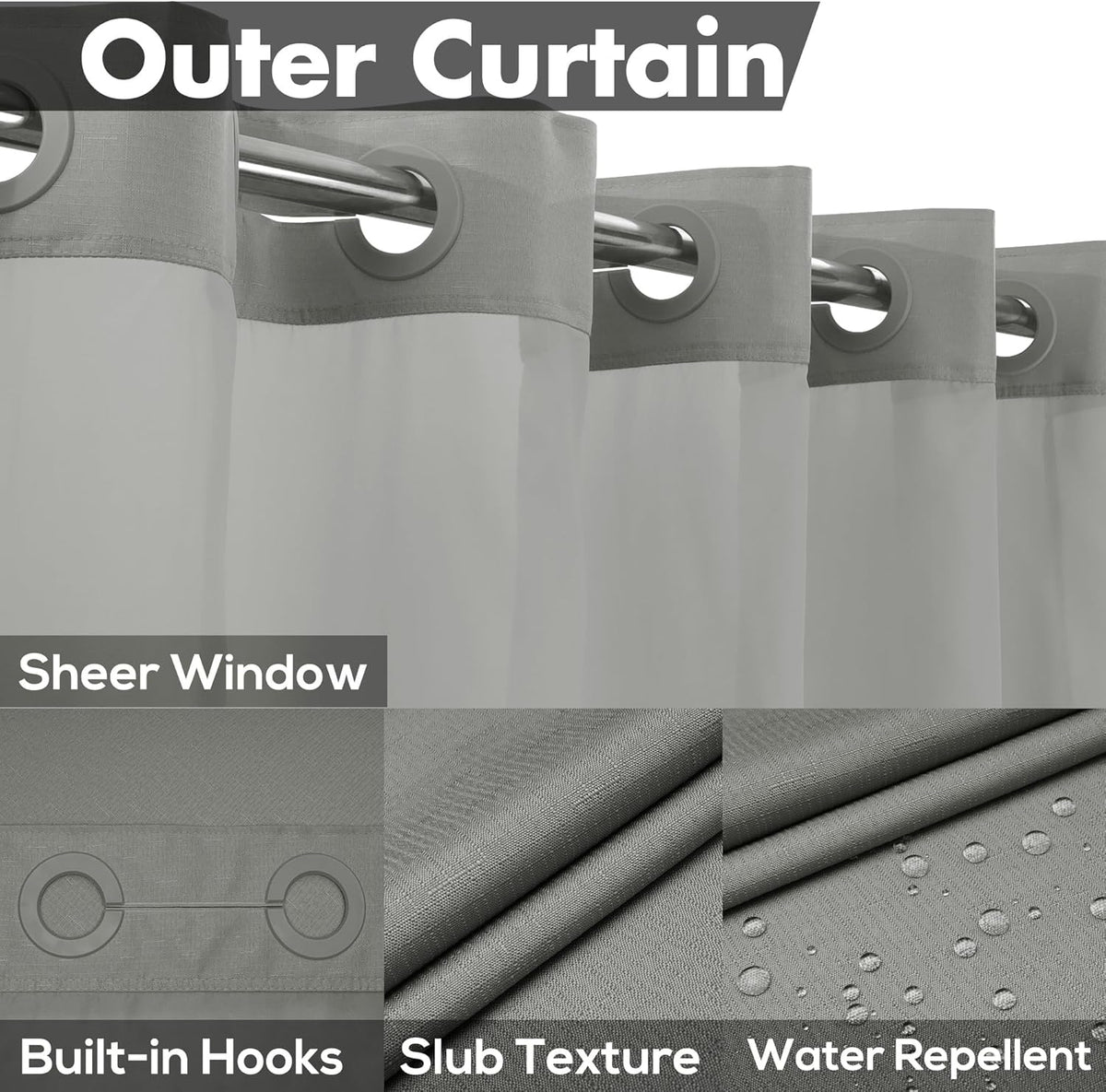 River Dream No Hook Shower Curtain with Snap-in Liner Set, Dark Gray, 71x74