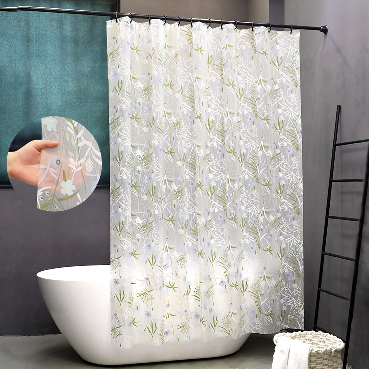 EVA Waterproof Shower Curtain Liner - Matte Clear & Frosted Design with 12 Hooks, Soft Touch, Privacy & Light Transparency, Ideal for Bathroom Decor (Fragrant Grass, 72" x 72")