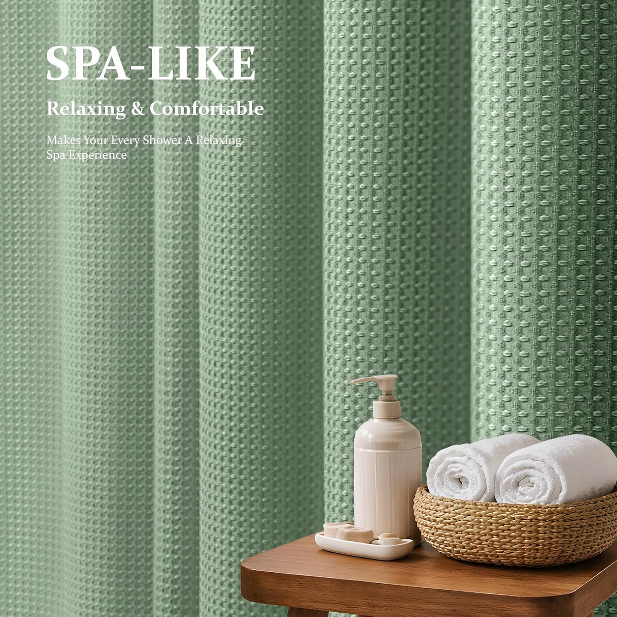 Dynamene Waffle Shower Curtain 256 GSM Heavy Duty Fabric 72"x72" Sage Green