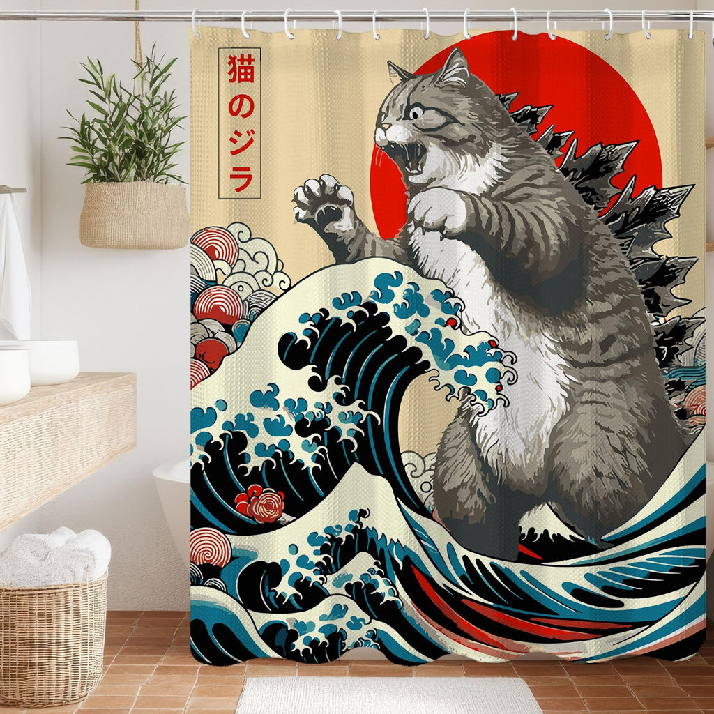 Funny Japanese Cat Funky Anime Japan Bathroom Shower Curtain, 72x72