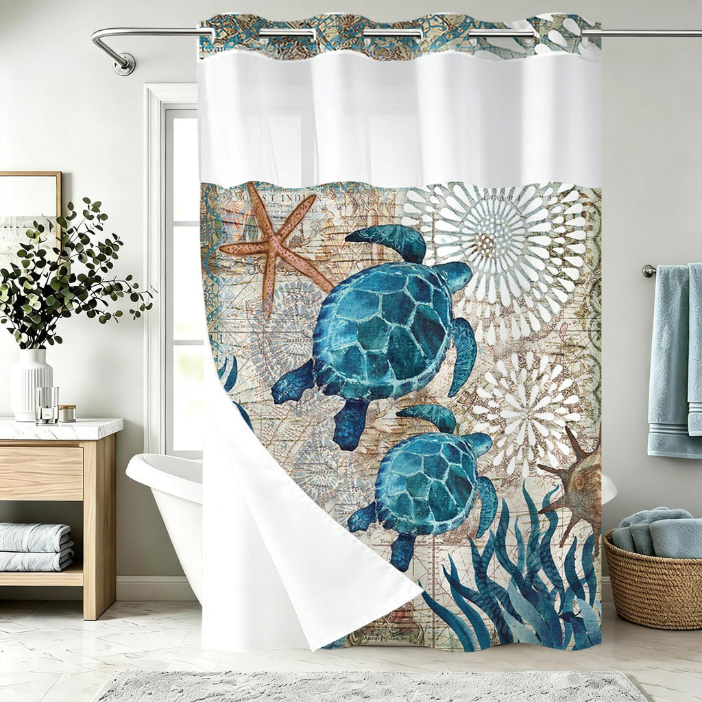 Nautical Green Sea Turtles Beach Theme Fabric Shower Curtain Sets Bathroom Blue Ocean Decor with Grommets and Hooks - 72 x 72 Inch Teal